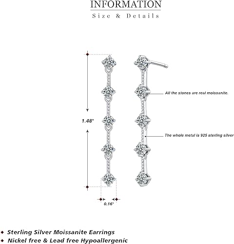 ONE PAIR: 925 Sterling Silver MOISSANITE DROP DANGLE Earrings HIGH QUALITY MOISSANITE DIAMOND Brilliant ROUND CUT