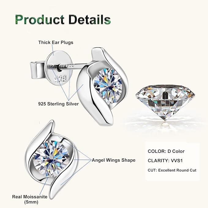 ONE PAIR: Gorgeous The angel wings stud earrings MOISSANITE DIAMONDS D Color VVS1 Clarity Brilliant (2pcs)/5mm MOISSANITE diamonds, 1.0cttw per pair 18K White Gold