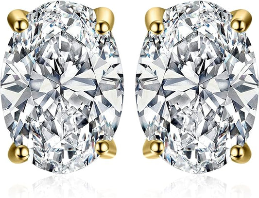 ONE PAIR: MOISSANITE Solitaire Stud Earrings, 925 Sterling Silver 14k Gold Plated Earrings for Her, Classic Simulated Diamond Earrings VVS D-F Color: 2-Yellow Gold Plated-MOISSANITE