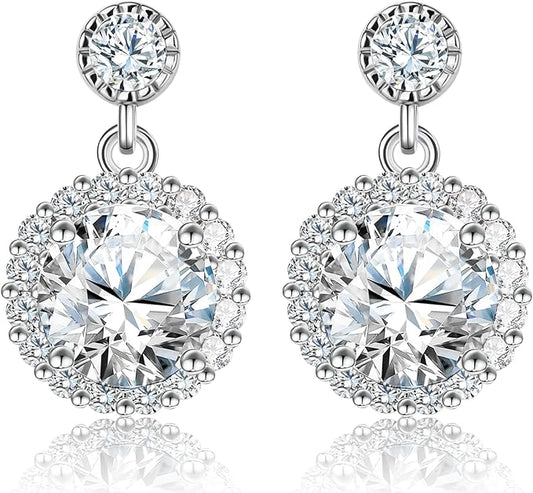 ONE PAIR: 925 Sterling Silver STUD DROP MOISSANITE Earrings  Brilliant ROUND CUT HIGH QUALITY MOISSANITE DIAMOND 18 K White Gold Plated