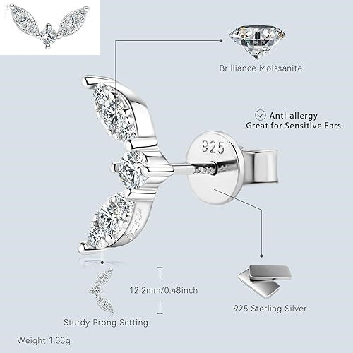 ONE PAIR: Gorgeous Leaf Shaped Silver Stud Earrings MOISSANITE DIAMONDS D Color VVS1 Clarity Brilliant Stud earrings height: 0.48 inch (12.2mm), width:0.26 inch (6.8mm).