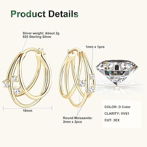 ONE PAIR: MOISSANITE Diamond Earrings, Triple Huggie Illusion Hoop Earrings for Women D Color Lab Create Diamond Hoop Earring 18K Gold Plated 925 Sterling Silver with GRA Certificate Birthday Jewelry Gifts