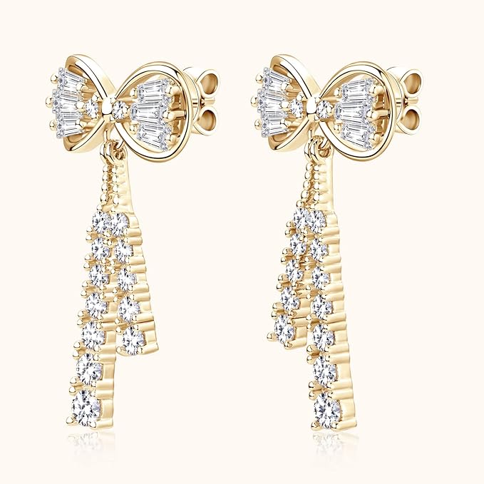 ONE PAIR: Gorgeous Bowknot stud drop dangle earrings MOISSANITE DIAMONDS D Color VVS1 Clarity Brilliant (2pcs)/5mm MOISSANITE diamonds, 1.0cttw per pair 18K Yellow Gold