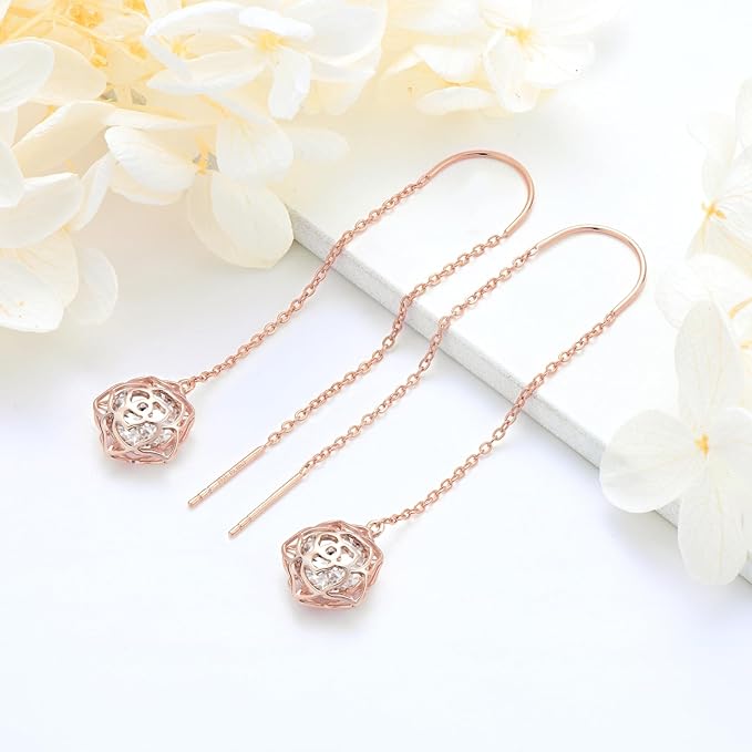 ONE PAIR: MOISSANITE Threader Earrings, Princess Round Cut 0.8-4CT D-E Color MOISSANITE, 18K Gold Plated 925 Sterling Silver, Hypoallergenic, Jewelry Box Packed, Gifts for Her  Earrings  Color: Rose Flower-Rose Gold