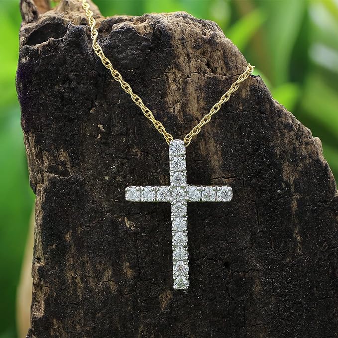 ONE :💎Pendant Cross Necklace💎MOISSANITE DIAMOND 14k YELLOW GOLD PLATED OVER 925 STERLNG SILVER