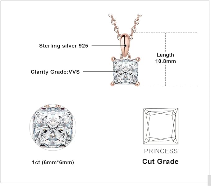 ONE : 💎Pendant Necklace 💎 MOISSANITE DIAMOND Princess Cut 1CT D Color VVS1 Clarity 14K ROSE Gold Plated OVER 925 Sterling Silver Necklace