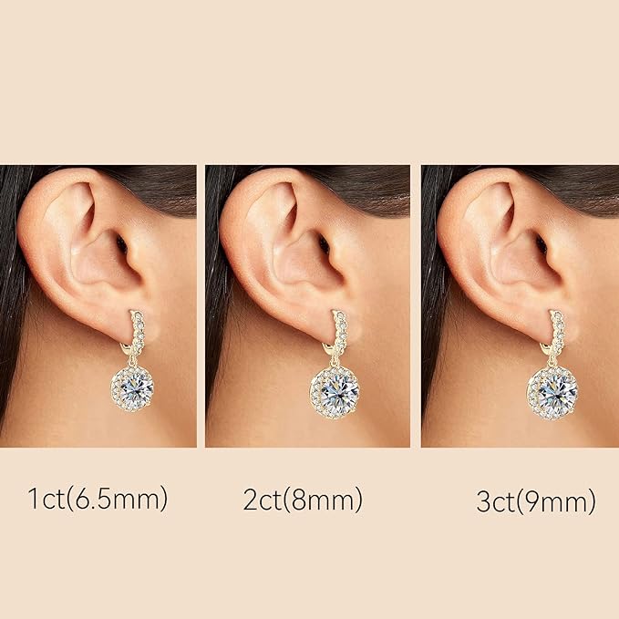 ONE PAIR:18K Gold Plated in 925 Sterling Silver Huggie Hoop Earrings Dangle Drop Earrings HIGH QUALITY MOISSANITE DIAMOND Brilliant ROUND Cut 6ct (9mm/3ct*2)