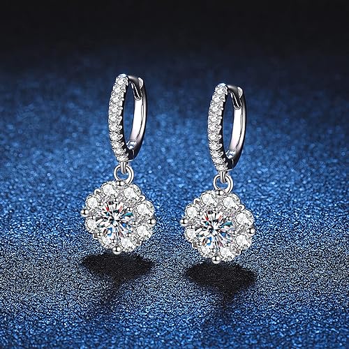 ONE PAIR: 925 Sterling Silver MOISSANITE DROP HOOP Earrings HIGH QUALITY MOISSANITE DIAMOND Brilliant ROUND CUT