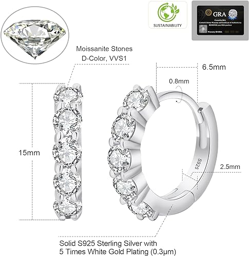 ONE PAIR: HOOP Earrings, MOISSANITE Diamonds 14K WHITE GOLD PLATED OVER 925 Sterling Silver, Comes With A GRA Certificate. Color: Silver-1.0ct-Single row