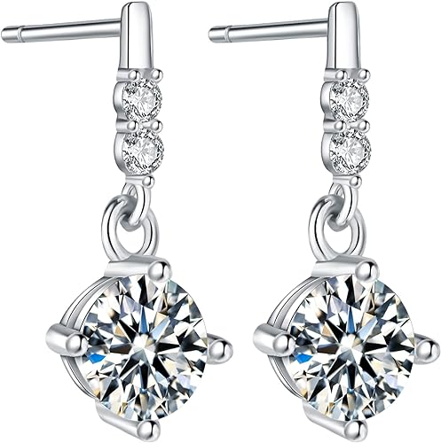 ONE PAIR: 925 Sterling Silver MOISSANITE DANGLE Earrings HIGH QUALITY MOISSANITE DIAMOND Brilliant ROUND CUT