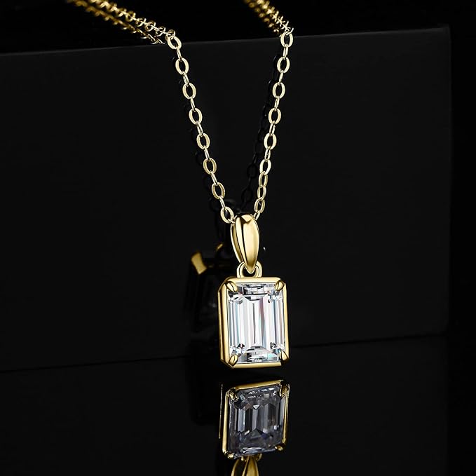 ONE : 💎Pendant Necklace 💎 MOISSANITE DIAMOND Emerald Cut 1CT D Color VVS1 Clarity 14K YELLOW Gold Plated OVER 925 Sterling Silver Necklace