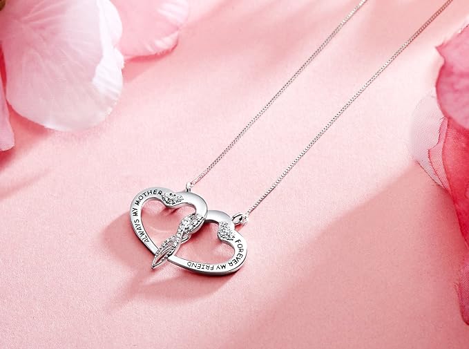 ONE PAIR: CZ Crystal Platinum Plated Silver Necklace Gifts for Mom Wife Girlfriend Her on Mothers Day Anniversary Birthday Gifts for Women Always My Mother Necklace