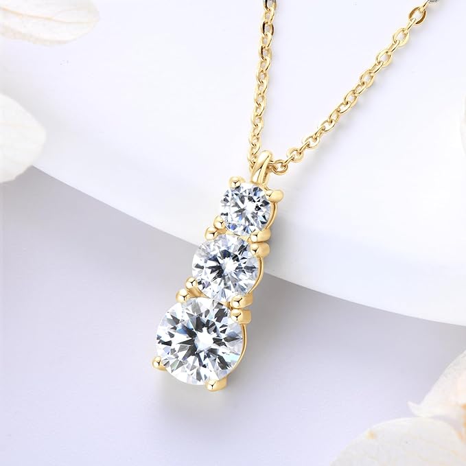 ONE :💎Pendant Necklace 💎 MOISSANITE DIAMOND  1.75CT-3 Stones-GOLD