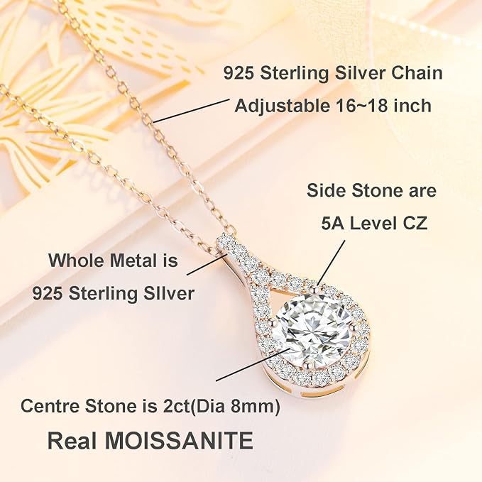 ONE : 💎Pendant Necklace 💎 MOISSANITE DIAMOND Style: MERMAID TEAR (18K White Gold) OVER 925 Sterling Silver Necklace) 2CT D Color VVS1 Clarity