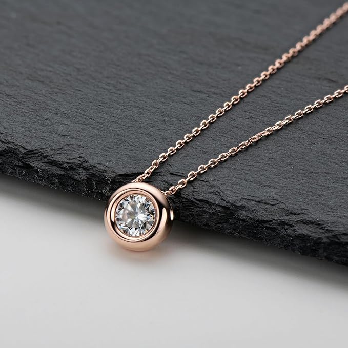 ONE : 💎Pendant Necklace 💎 MOISSANITE DIAMOND Style: Round Solitaire(18K Rose Gold) OVER 925 Sterling Silver Necklace) D Color VVS1 Clarity