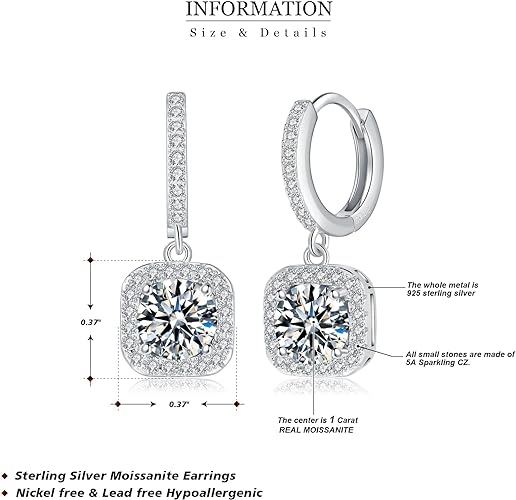 ONE PAIR: 925 Sterling Silver MOISSANITE DROP Earrings HIGH QUALITY MOISSANITE DIAMOND Brilliant ROUND CUT