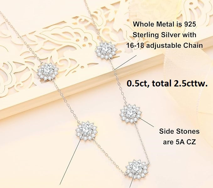 ONE :💎Pendant Necklace💎  5 Stones  total 0.5ct, total 2.5cttw  MOISSANITE DIAMOND Sunflower 18k WHITE GOLD PLATED OVER 925 STERLNG SILVER