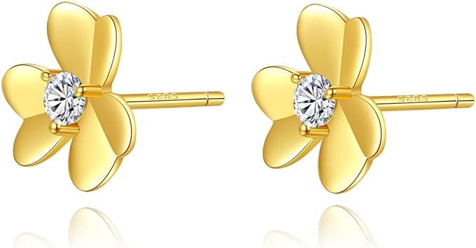 ONE PAIR: Stud Earrings 14K YELLOW GOLD PLATED MOISSANITE DIAMONDS FLOWER