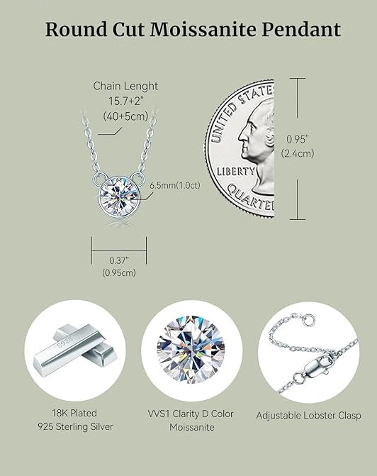 ONE : 💎Pendant Necklace 💎 MOISSANITE DIAMOND Style: Bezel Round (18K White Gold) OVER 925 Sterling Silver Necklace)-2CT Cut D Color VVS1 Clarity