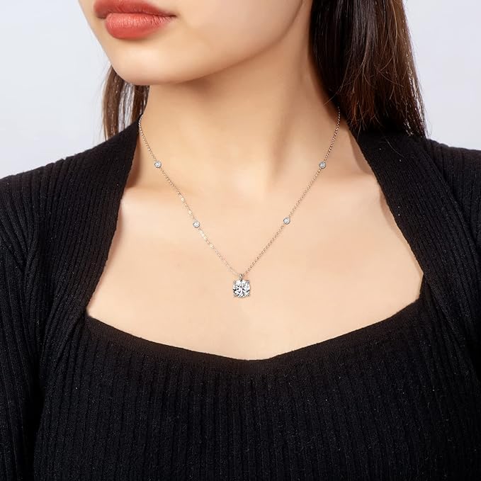 ONE : 💎Pendant Necklace 💎 MOISSANITE DIAMOND Style: Four-Claw Station-2CT (18K White Gold) OVER 925 Sterling Silver Necklace) D Color VVS1 Clarity