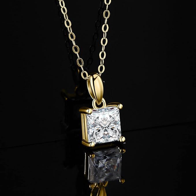 ONE : 💎Pendant Necklace 💎 MOISSANITE DIAMOND Princess Cut D Color VVS1 Clarity 14K YELLOW Gold Plated OVER 925 Sterling Silver Necklace