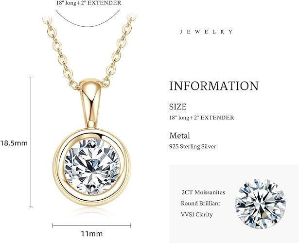 ONE :💎Pendant Necklace💎 2.0 CARAT MOISSANITE YELLOW GOLD PLATED OVER 925 STERLNG SILVER       Color: 2CT Bezel Round Yellow