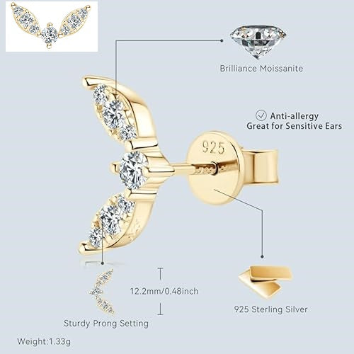 ONE PAIR: Gorgeous Leaf Shaped Gold Stud Earrings MOISSANITE DIAMONDS D Color VVS1 Clarity Brilliant Stud earrings height: 0.48 inch (12.2mm), width:0.26 inch (6.8mm).