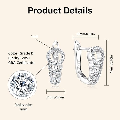 ONE PAIR: 925 Sterling Silver HOOP MOISSANITE Earrings HIGH QUALITY MOISSANITE DIAMOND Brilliant ROUND CUT
