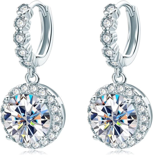 ONE PAIR:18K White Gold Plated in 925 Sterling Silver Huggie Hoop Earrings Dangle Drop Earrings HIGH QUALITY MOISSANITE DIAMOND Brilliant ROUND Cut 6ct (9mm/3ct*2)