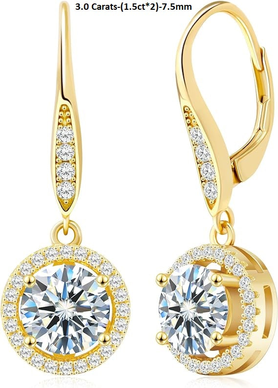 ONE PAIR:18K Gold Plated in 925 Sterling Silver Dangle Earrings Leverback Drop Earrings  Color  Brilliant Round Cut HIGH QUALITY MOISSANITE DIAMOND 3.0 Carats-(1.5ct*2)-7.5mm 18K Gold Plated