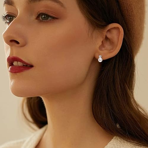 ONE PAIR:  Elegant Freshwater Cultured White 6.5-7 mm Pearl Drop Stud Earrings MOISSANITE DIAMONDS D Color VVS1 Clarity Brilliant Silver