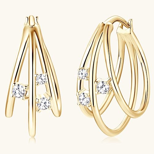 ONE PAIR: MOISSANITE Diamond Earrings, Triple Huggie Illusion Hoop Earrings for Women D Color Lab Create Diamond Hoop Earring 18K Gold Plated 925 Sterling Silver with GRA Certificate Birthday Jewelry Gifts