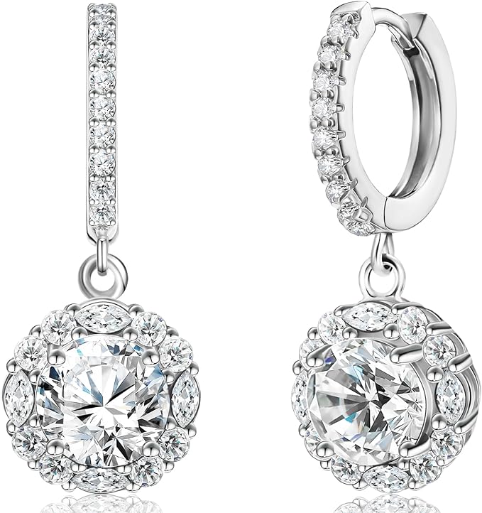 ONE PAIR: 925 Sterling Silver HOOP DROP MOISSANITE Earrings  Brilliant ROUND CUT HIGH QUALITY MOISSANITE DIAMOND 18 K White Gold Plated