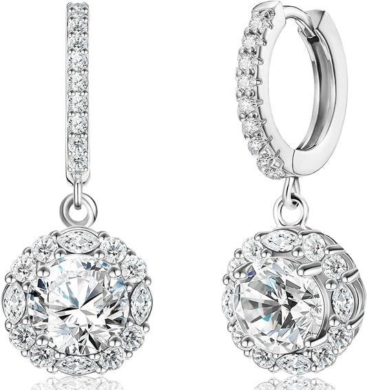 ONE PAIR: 925 Sterling Silver HOOP DROP MOISSANITE Earrings  Brilliant ROUND CUT HIGH QUALITY MOISSANITE DIAMOND 18 K White Gold Plated