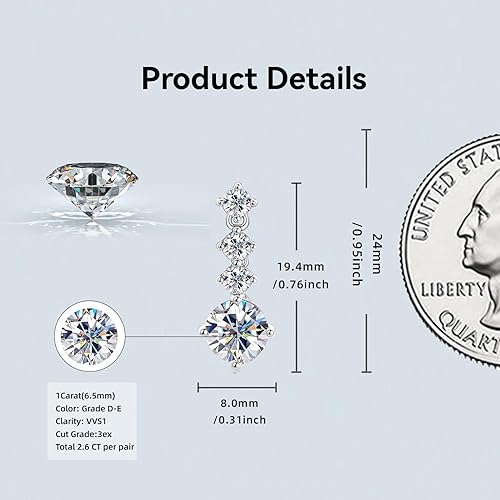 ONE PAIR: 925 Sterling Silver DROP MOISSANITE Earrings  Brilliant ROUND CUT Color: 19.4mm-White Gold 2.6CT HIGH QUALITY MOISSANITE DIAMOND