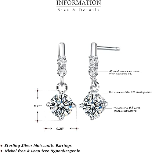 ONE PAIR: 925 Sterling Silver MOISSANITE DROP Earrings HIGH QUALITY MOISSANITE DIAMOND Brilliant ROUND CUT
