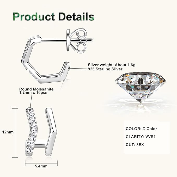 ONE PAIR: Gorgeous  C stud Earrings MOISSANITE DIAMONDS D Color VVS1 Clarity Brilliant (16pcs)/1.2mm round MOISSANITE Diamonds, 0.13cttw Total weight: about 1.6g.