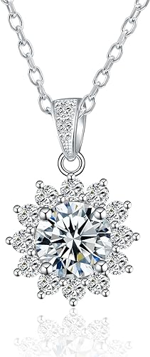 ONE : 💎Pendant Necklace 💎 MOISSANITE DIAMOND Style: Sun Flower (18K WHITE Gold) OVER 925 Sterling Silver Necklace) D Color VVS1 Clarity 1CT