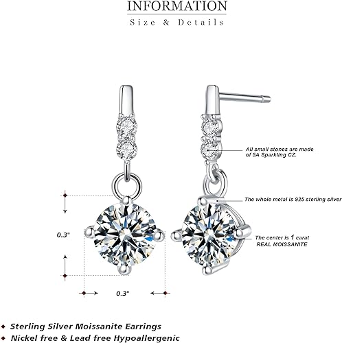 ONE PAIR: 925 Sterling Silver MOISSANITE DANGLE Earrings HIGH QUALITY MOISSANITE DIAMOND Brilliant ROUND CUT