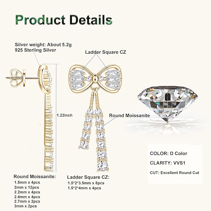 ONE PAIR: Gorgeous Bowknot stud drop dangle earrings MOISSANITE DIAMONDS D Color VVS1 Clarity Brilliant (2pcs)/5mm MOISSANITE diamonds, 1.0cttw per pair 18K Yellow Gold