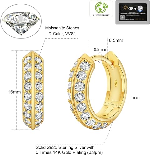 ONE PAIR: HOOP Earrings, MOISSANITE Diamonds 14K YELLOW GOLD PLATED OVER 925 Sterling Silver, Comes With A GRA Certificate. Color: 14k Yellow Gold-1.0ct-Double row