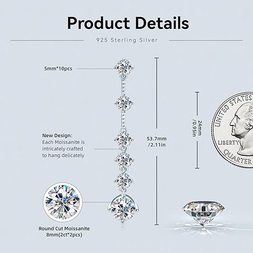 ONE PAIR: 925 Sterling Silver DROP MOISSANITE Earrings  Brilliant ROUND CUT Color: New 53.7mm-White Gold 4CT HIGH QUALITY MOISSANITE DIAMOND 18 K White Gold Plated