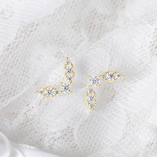 ONE PAIR: Gorgeous Leaf Shaped Gold Stud Earrings MOISSANITE DIAMONDS D Color VVS1 Clarity Brilliant Stud earrings height: 0.48 inch (12.2mm), width:0.26 inch (6.8mm).