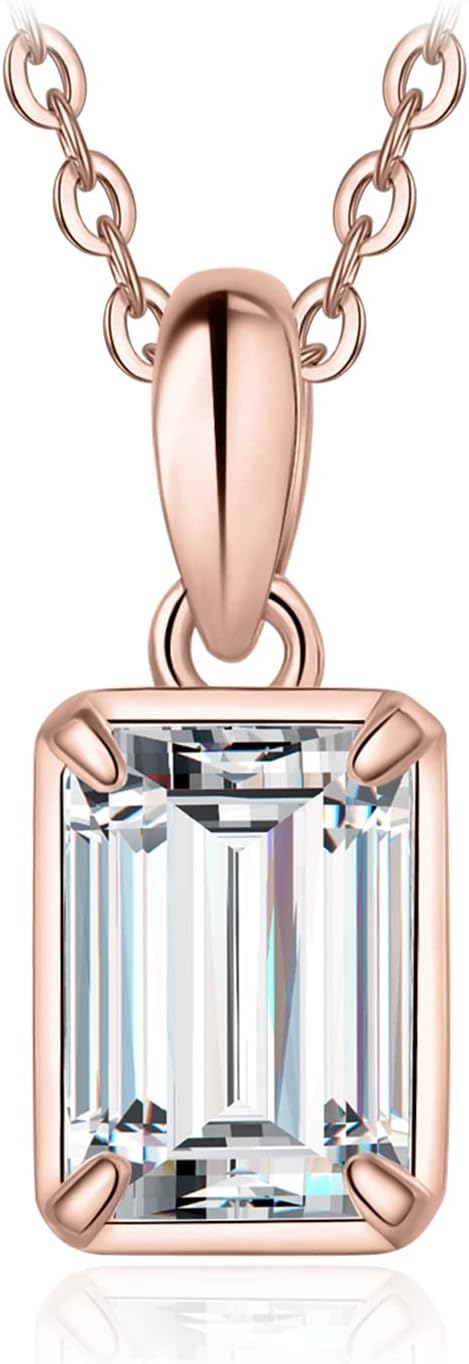 ONE : 💎Pendant Necklace 💎 MOISSANITE DIAMOND Emerald Cut 1CT D Color VVS1 Clarity 14K ROSE Gold Plated OVER 925 Sterling Silver Necklace