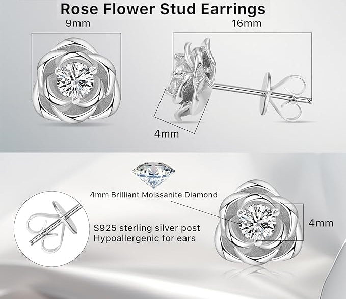 ONE PAIR: 0.6 carat/Rose flower Diamond Studs Earrings,925 Sterling Silver HIGH QUALITY MOISSANITE DIAMONDS D Color VVS1 0.6 Carat