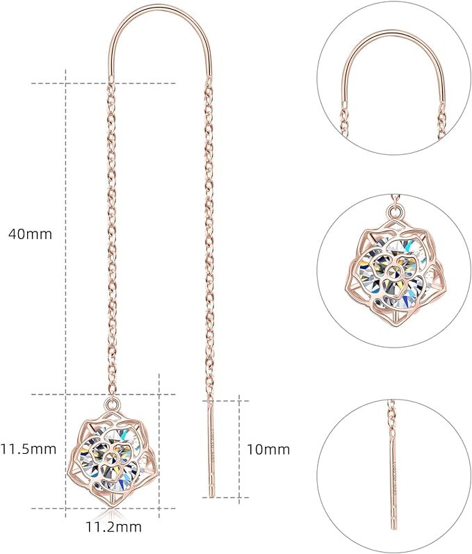 ONE PAIR: MOISSANITE Threader Earrings, Princess Round Cut 0.8-4CT D-E Color MOISSANITE, 18K Gold Plated 925 Sterling Silver, Hypoallergenic, Jewelry Box Packed, Gifts for Her  Earrings  Color: Rose Flower-Rose Gold