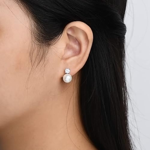 ONE PAIR:  Elegant Freshwater Cultured White 9mm Pearl Drop Stud Earrings MOISSANITE DIAMONDS D Color VVS1 Clarity Brilliant Silver