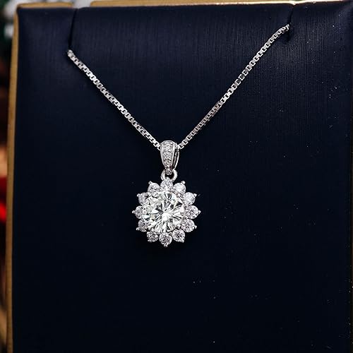 ONE : 💎Pendant Necklace 💎 MOISSANITE DIAMOND Style: Sun Flower (18K WHITE Gold) OVER 925 Sterling Silver Necklace) D Color VVS1 Clarity 1CT