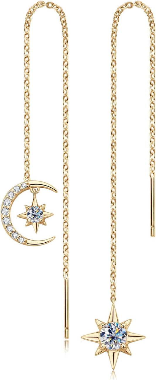 ONE PAIR: MOISSANITE Threader Earrings, Princess Round Cut 0.8-4CT D-E Color MOISSANITE, 18K Gold Plated 925 Sterling Silver, Hypoallergenic, Jewelry Box Packed, Gifts for Her  Earrings  Color: Moon Star-Gold