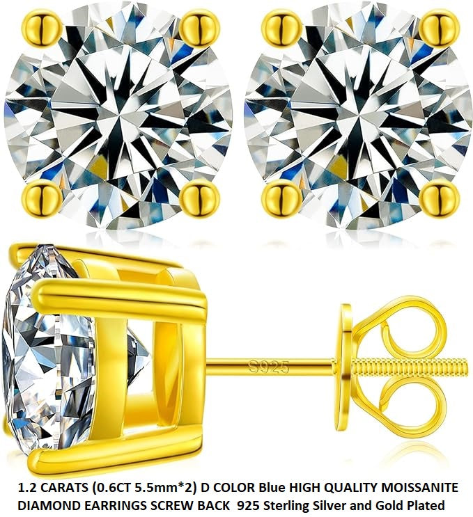 ONE PAIR: of Earrings 1.2 CARATS (0.6CT 5.5mm*2) D COLOR Blue HIGH QUALITY MOISSANITE DIAMOND EARRINGS SCREW BACK